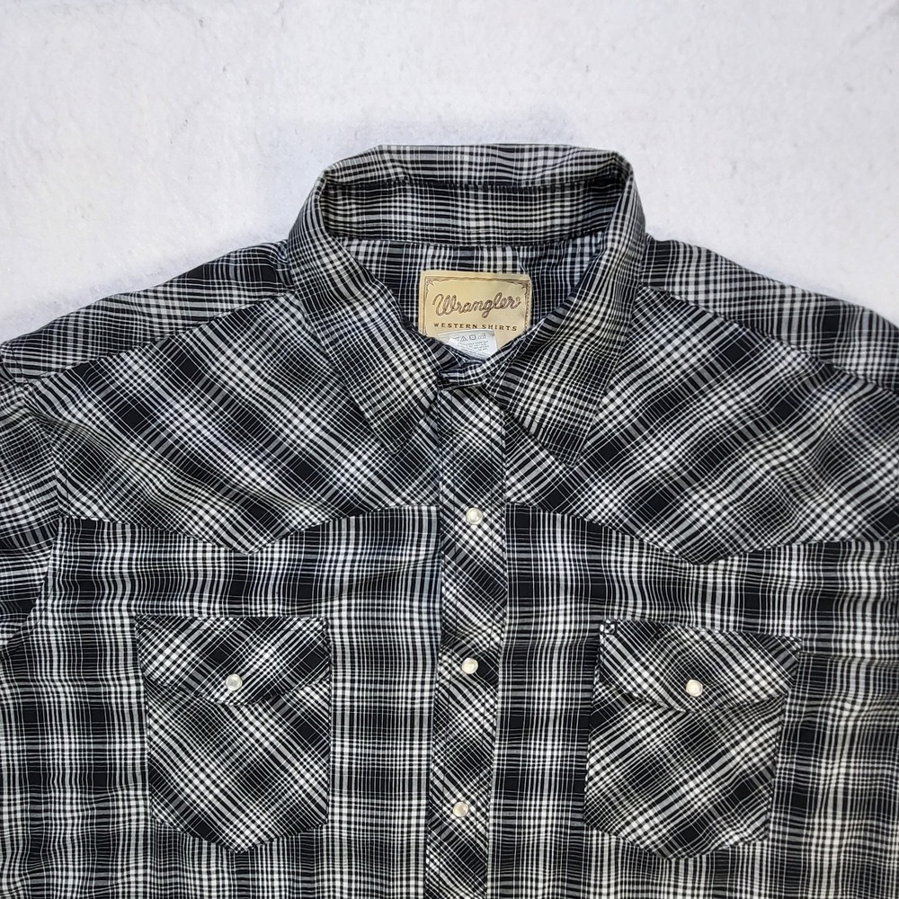 Wrangler Western Shirt Men 2XL Black White Plaid Pearl Snap Short Sleeve